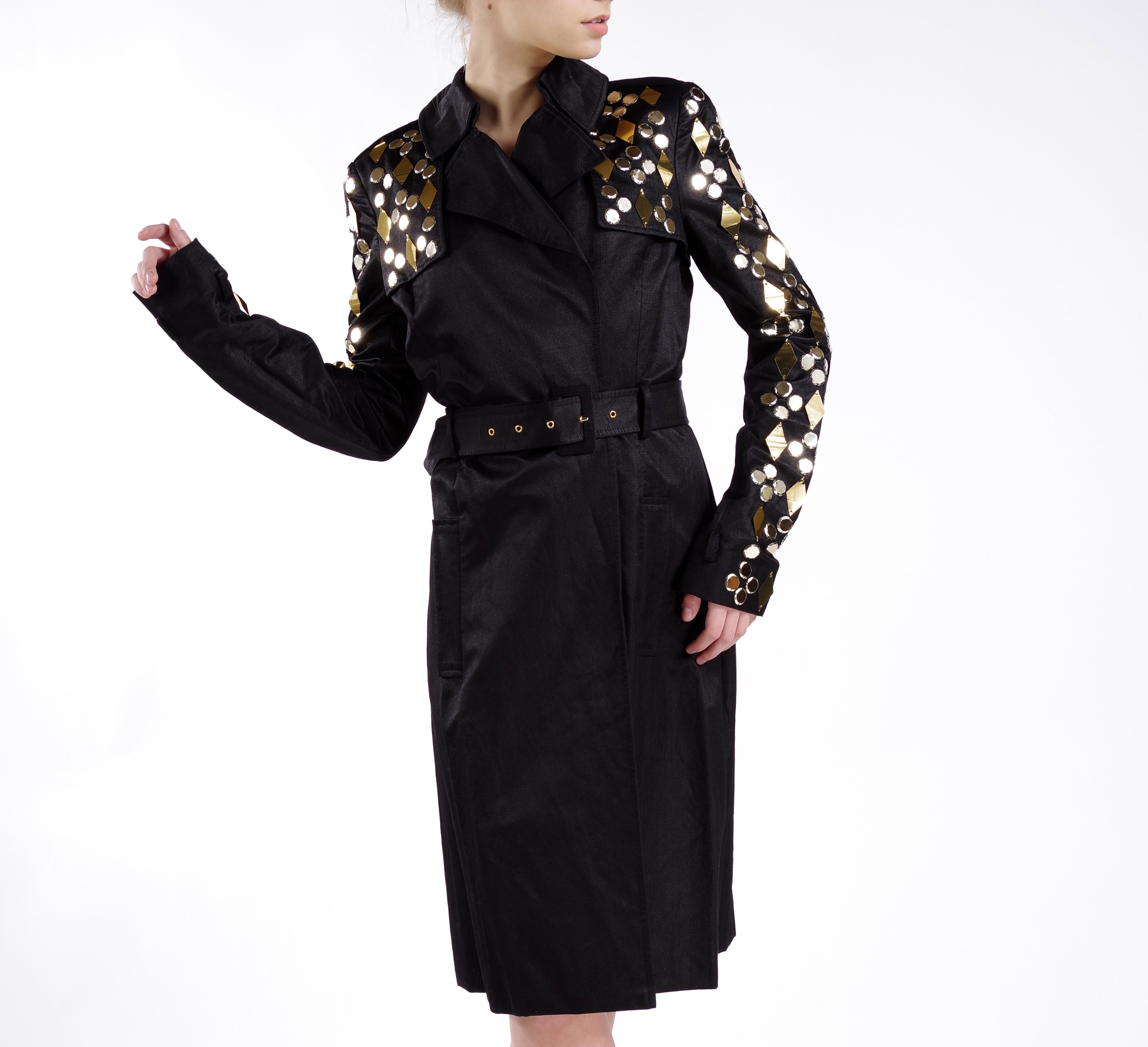 Women's New VERSACE Black Embellished Linen Cotton Trench Coat