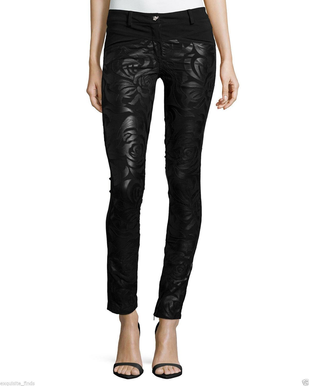 VERSACE

Versace skinny pants 

Front: Leather floral applique on 100% chiffon silk (semi-sheer)

Back:  85% viscose, 9% nylon, 6% elastane

Back patch pockets.

Inside ankle zip.

Button/zip fly; belt loops.

Made in Italy.

 IT Size 38 - US