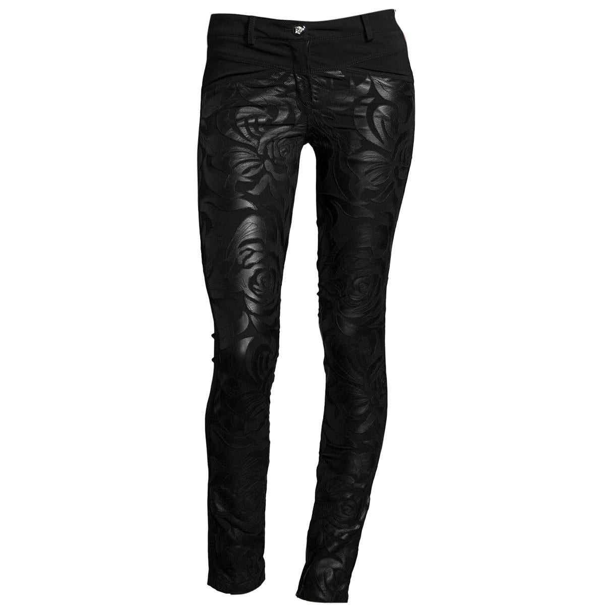 New VERSACE Black Floral Leather Applique Slim Pants 