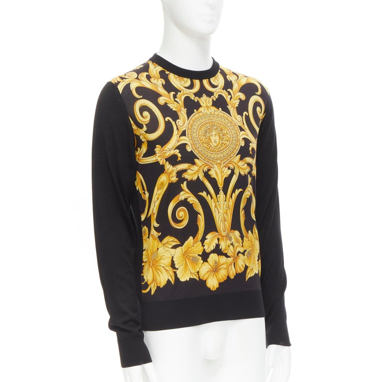 new VERSACE black gold Barocco Hibiscus Medusa 100% silk knit sweater IT48  M at 1stDibs | black and gold sweater, black and gold versace sweater,  versace sweater black gold