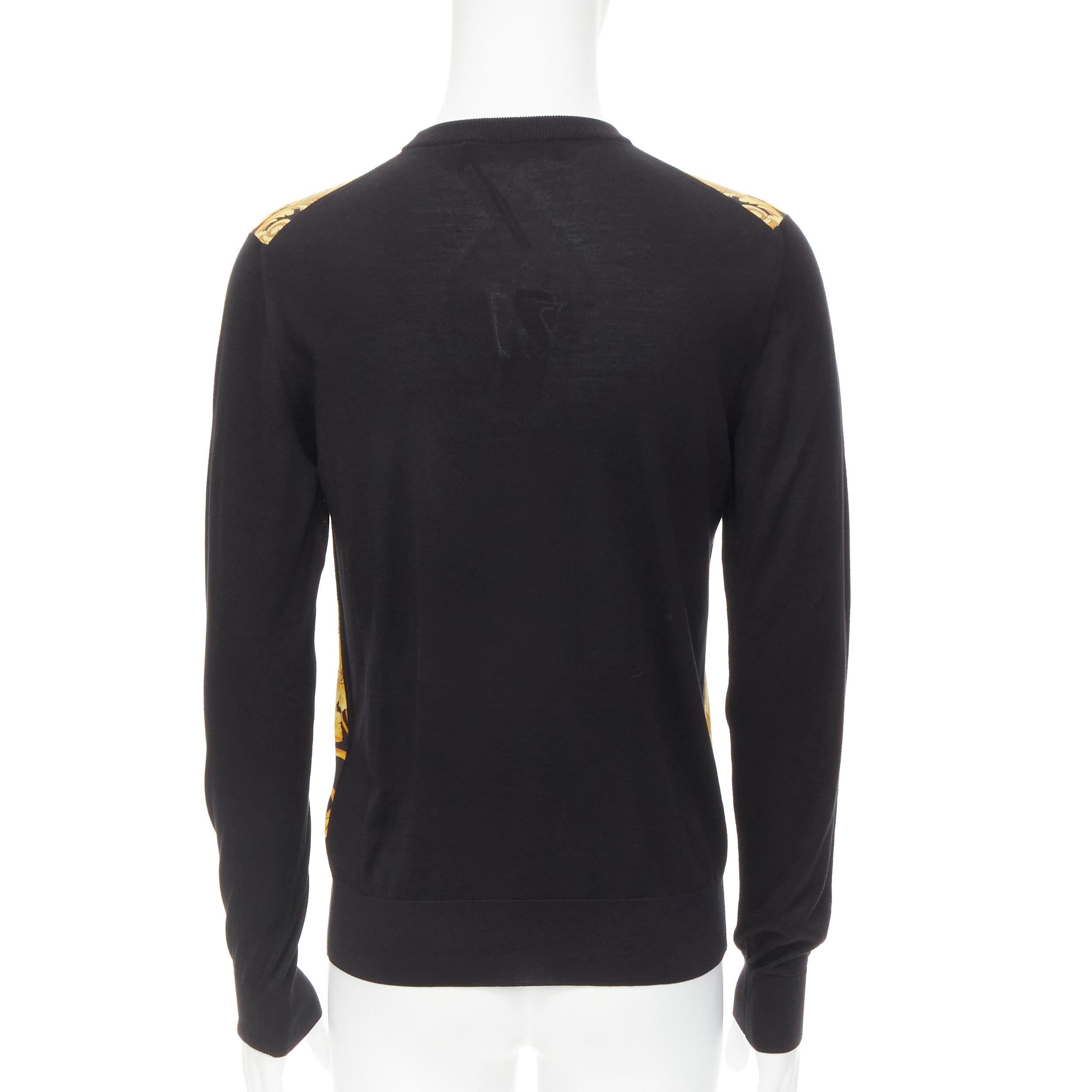Black new VERSACE black gold Barocco Hibiscus Medusa 100% silk knit sweater IT48 M