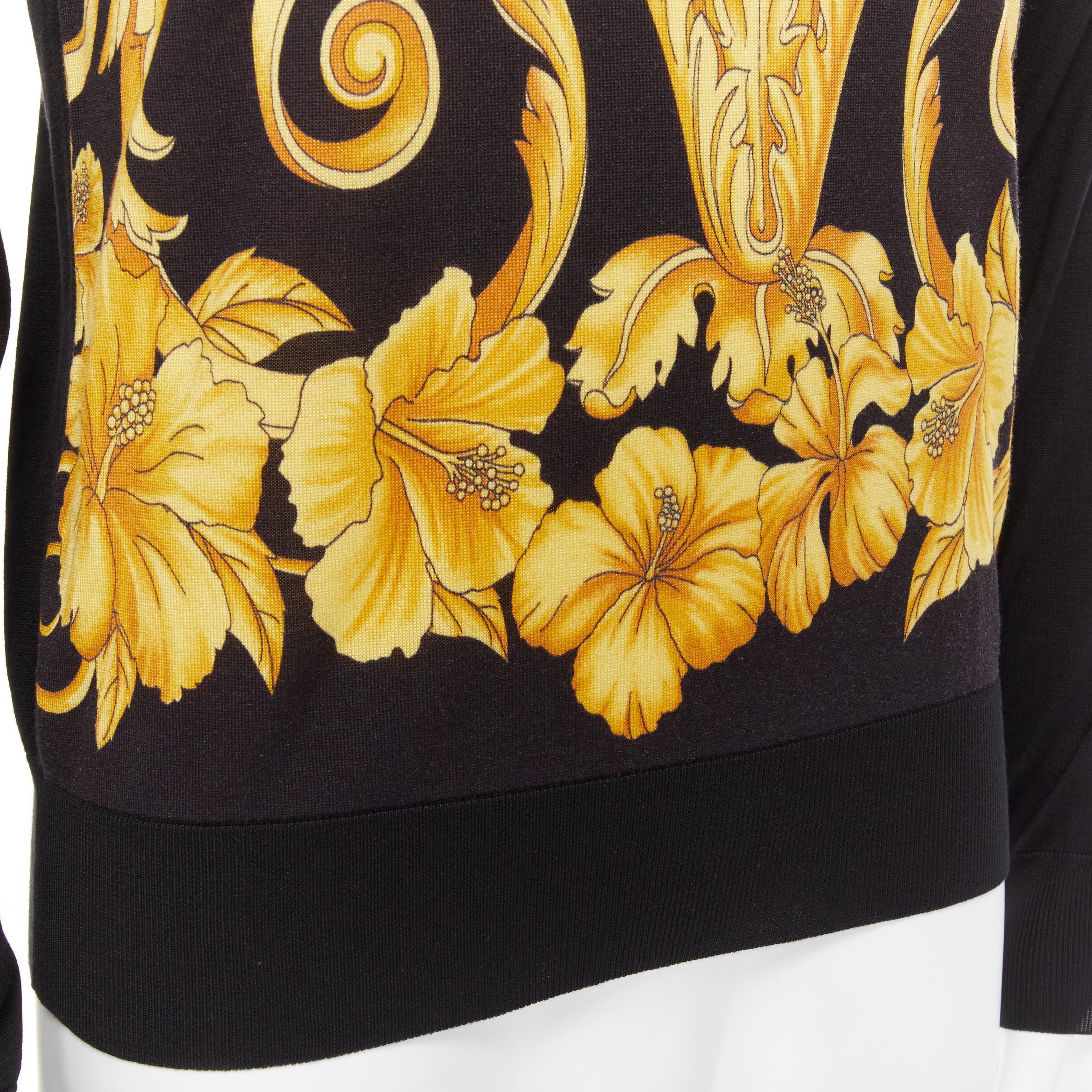 Men's new VERSACE black gold Barocco Hibiscus Medusa 100% silk knit sweater IT48 M