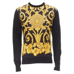 new VERSACE black gold Barocco Hibiscus Medusa 100% silk knit sweater IT48 M