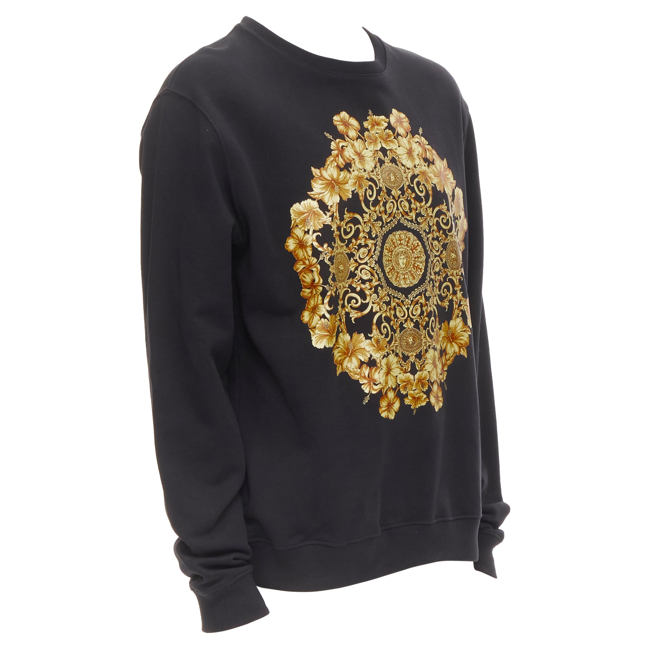 VERSACE Pullover aus Baumwolle mit schwarzem und goldenem Barockhibiskus und Medusa-Besatzung S
