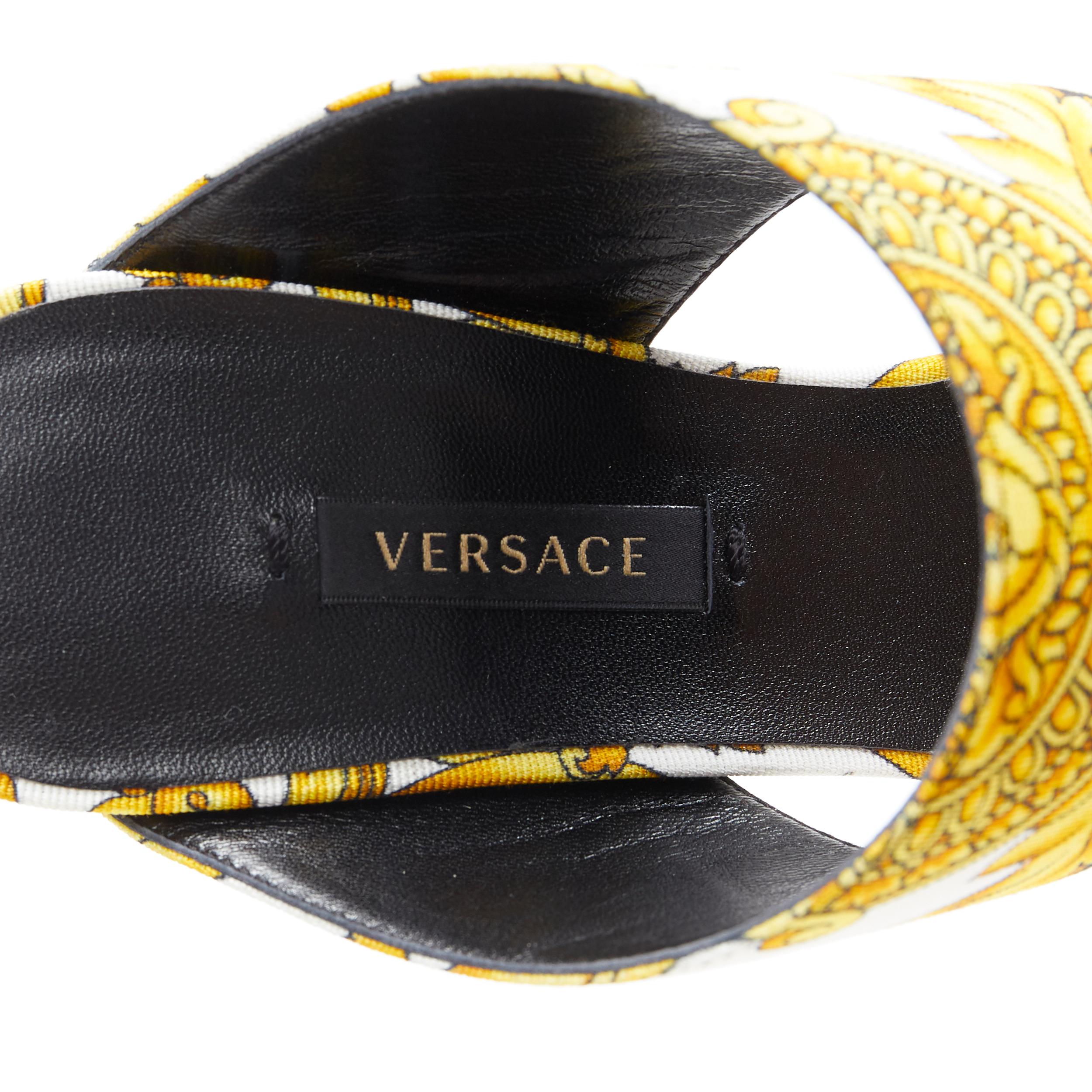new VERSACE black gold Barocco Hibiscus print fabric open toe mule sandals EU38 5