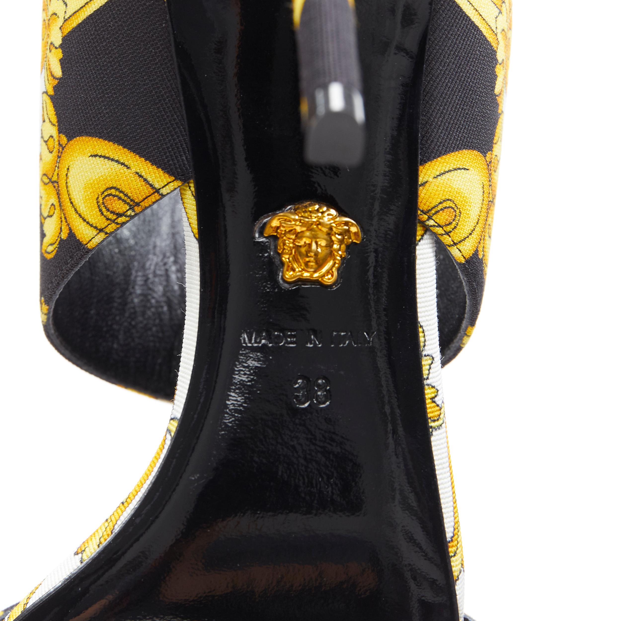 new VERSACE black gold Barocco Hibiscus print fabric open toe mule sandals EU38 6
