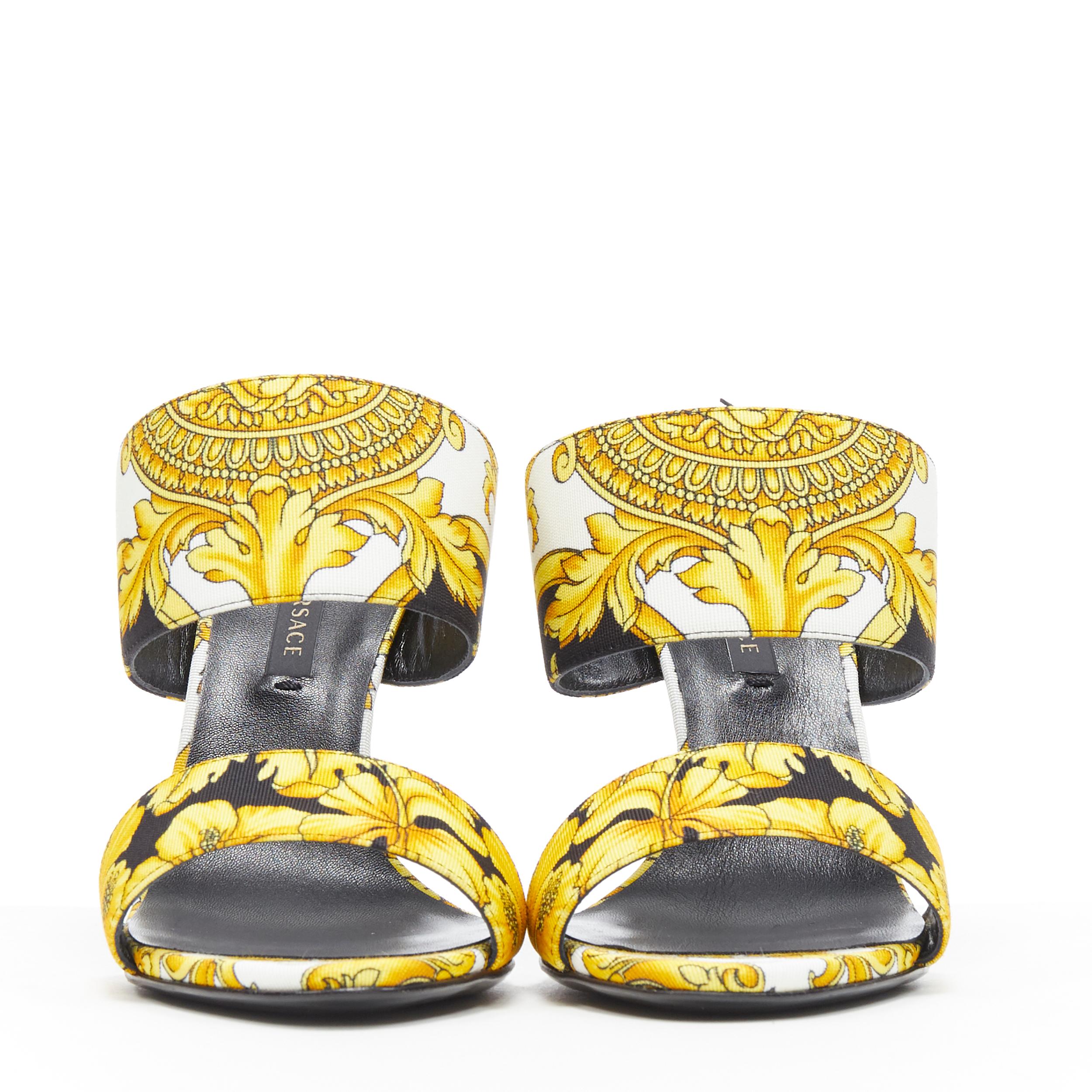 Yellow new VERSACE black gold Barocco Hibiscus print fabric open toe mule sandals EU38