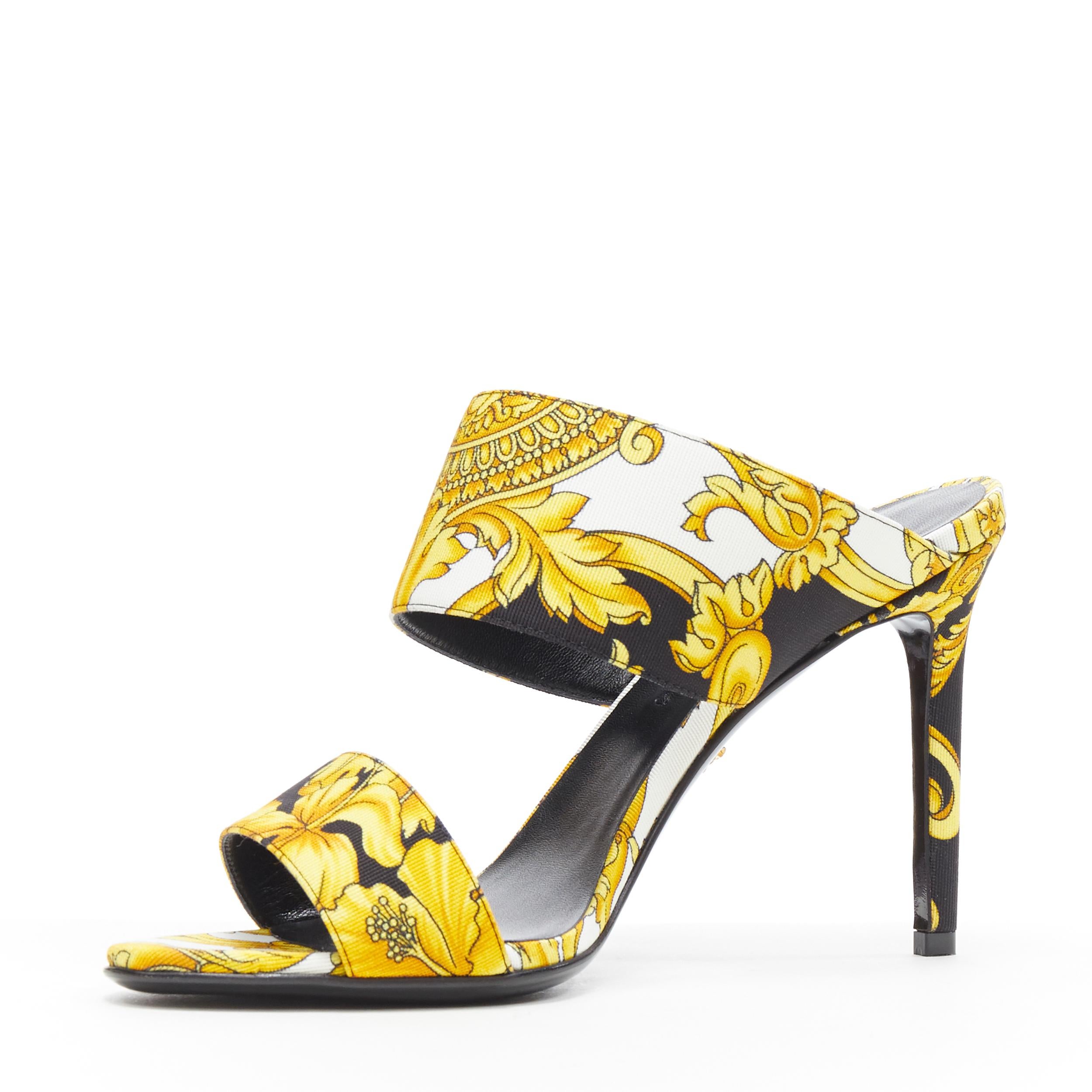 new VERSACE black gold Barocco Hibiscus print fabric open toe mule sandals EU38 In New Condition In Hong Kong, NT