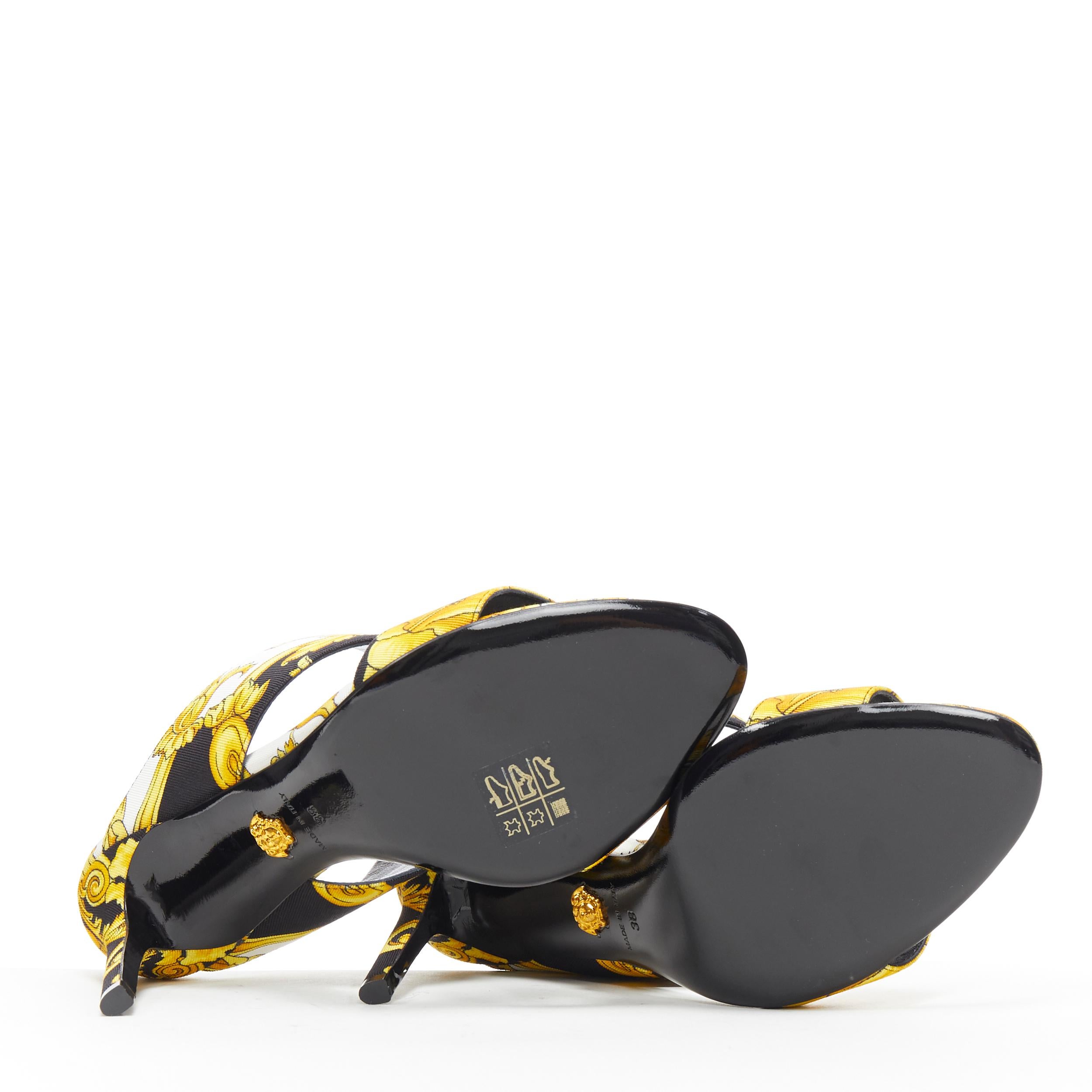 new VERSACE black gold Barocco Hibiscus print fabric open toe mule sandals EU38 1