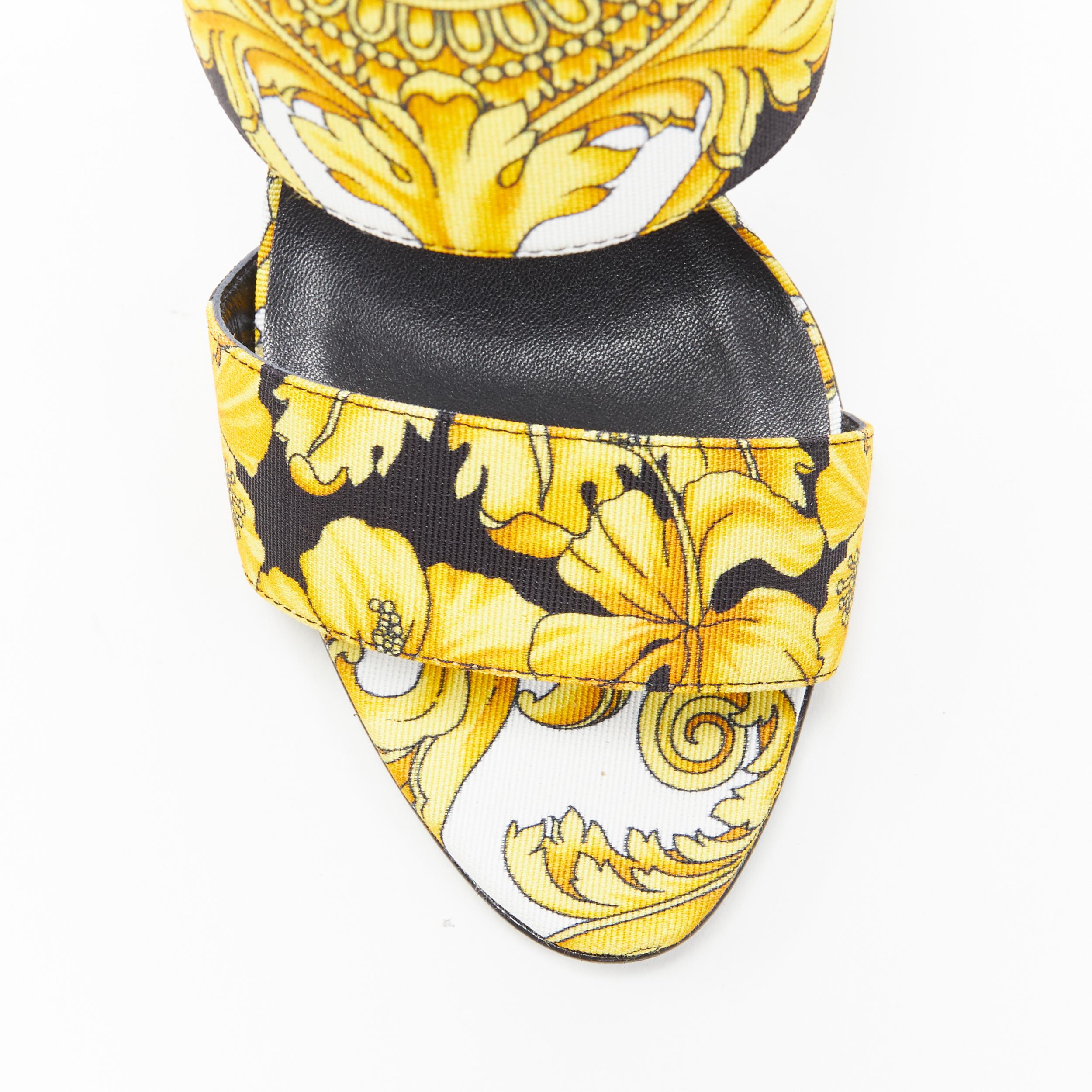new VERSACE black gold Barocco Hibiscus print fabric open toe mule sandals EU38 2