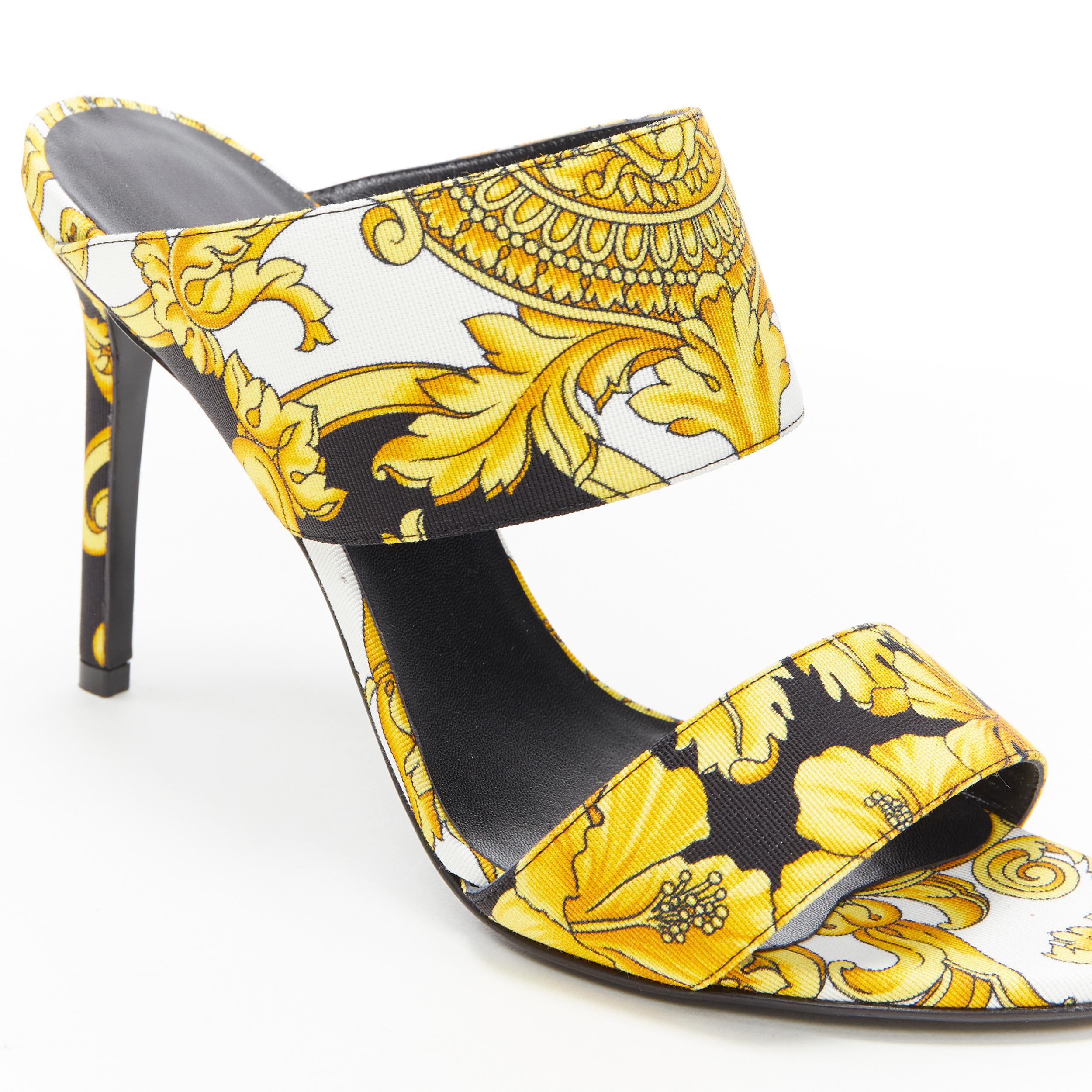 new VERSACE black gold Barocco Hibiscus print fabric open toe mule sandals EU38 3