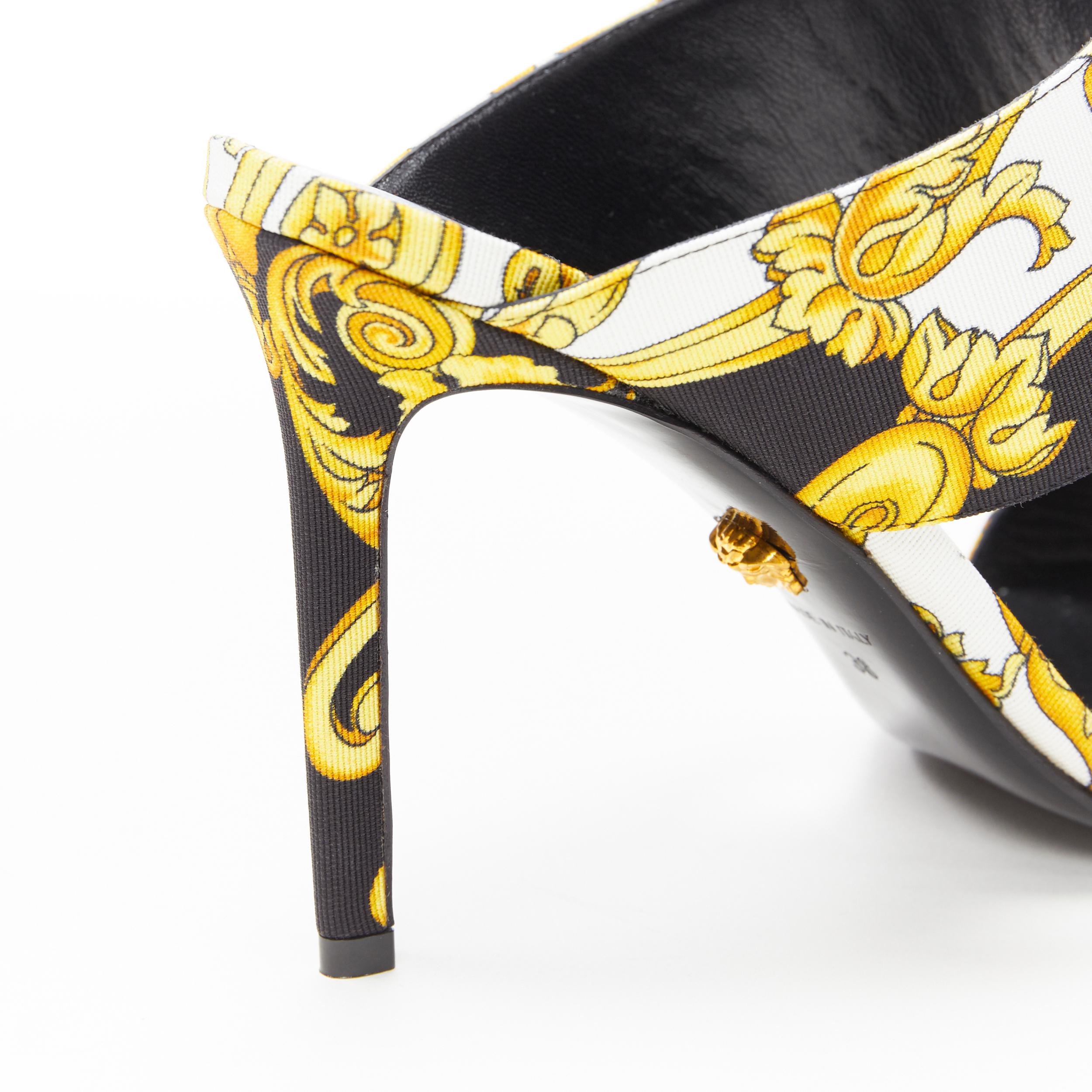 new VERSACE black gold Barocco Hibiscus print fabric open toe mule sandals EU38 4