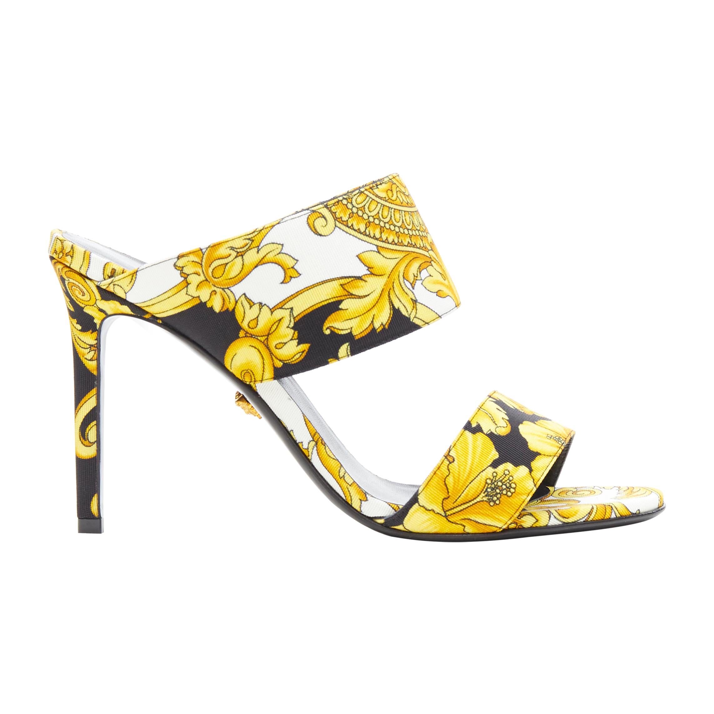 new VERSACE black gold Barocco Hibiscus print fabric open toe mule sandals EU38
