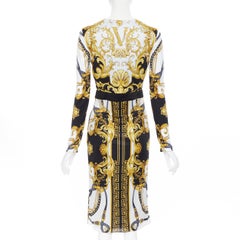 new VERSACE black gold baroque bondage strap virtus print wrap dress IT38