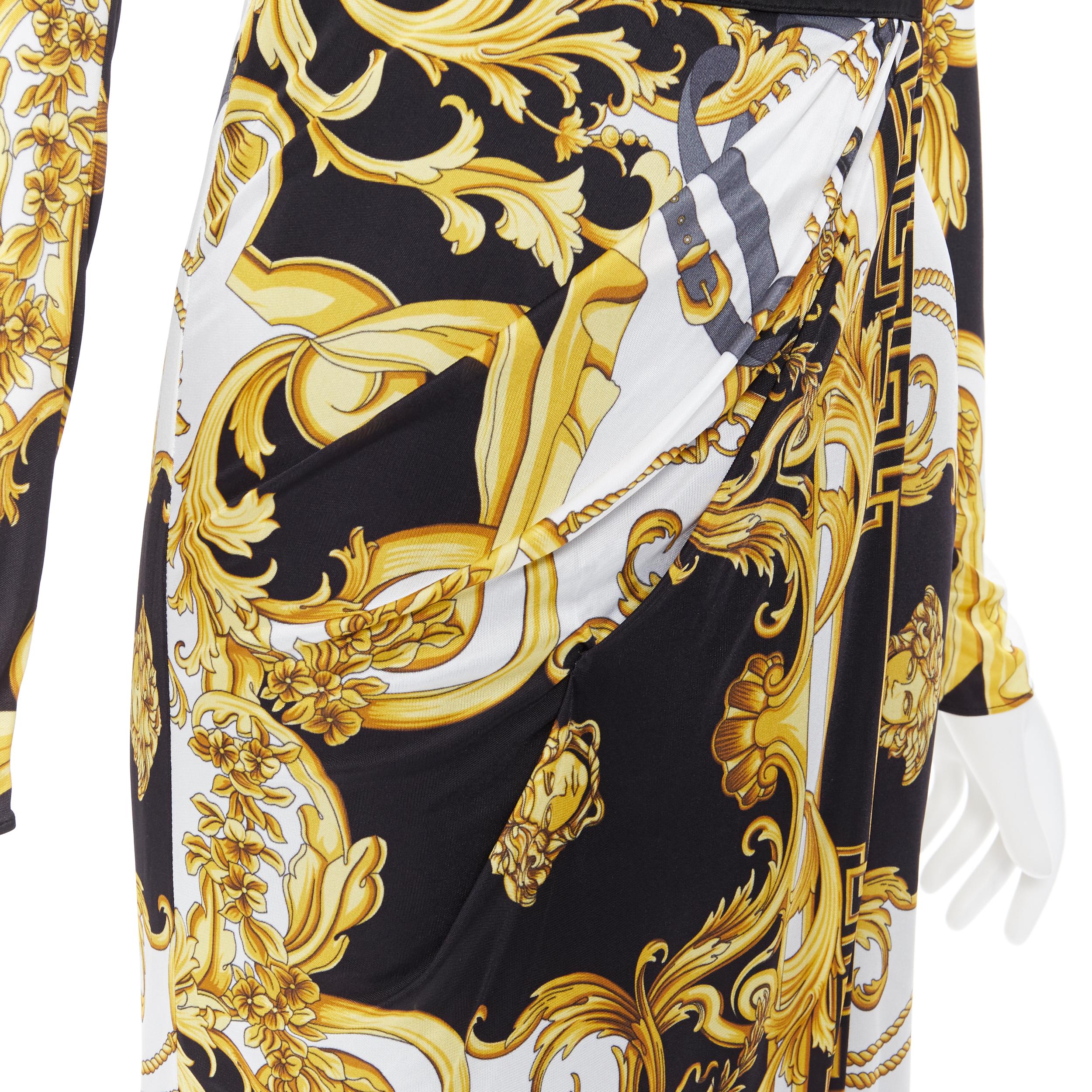 new VERSACE black gold baroque bondage strap virtus print wrap dress IT38 In New Condition In Hong Kong, NT