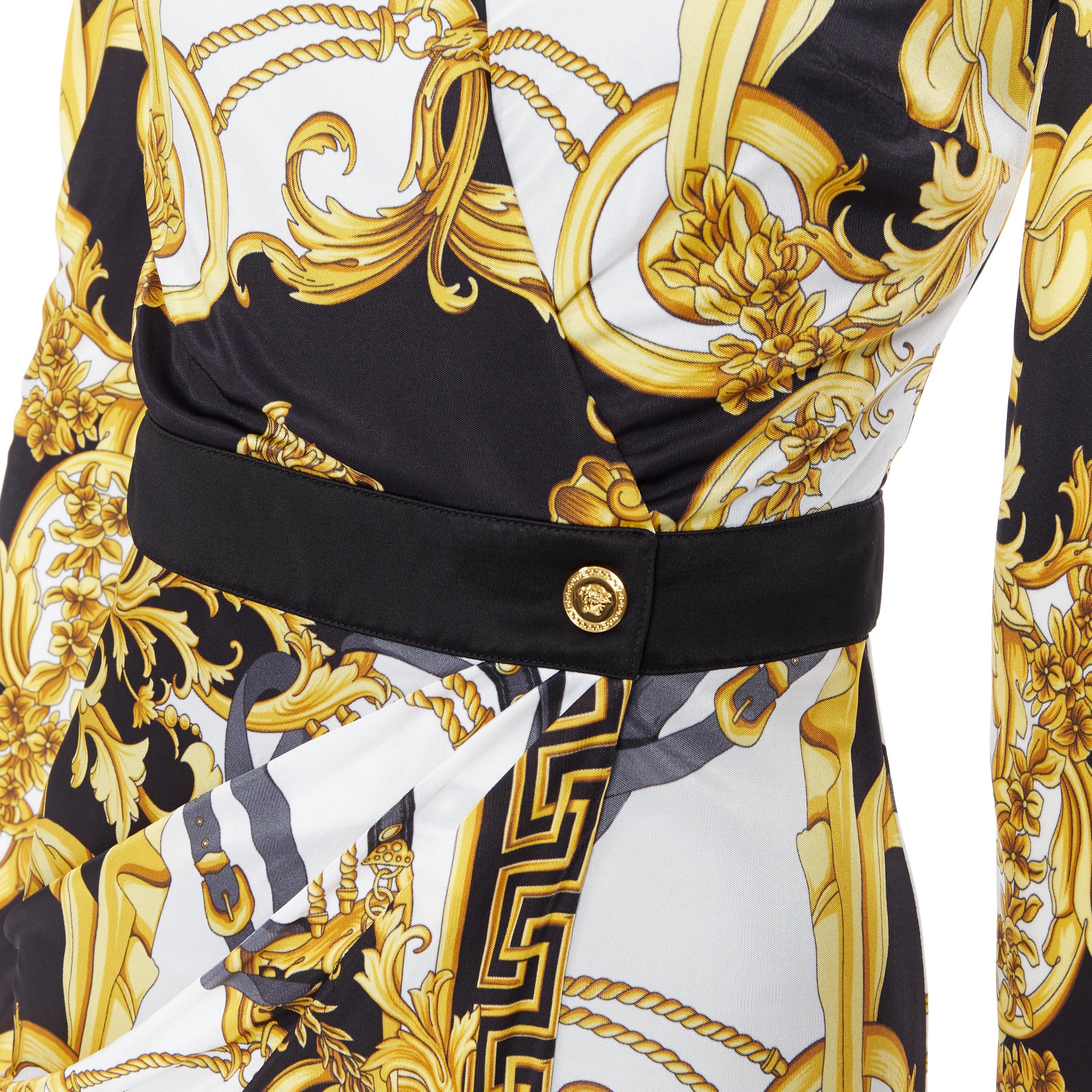 Women's new VERSACE black gold baroque bondage strap virtus print wrap dress IT38