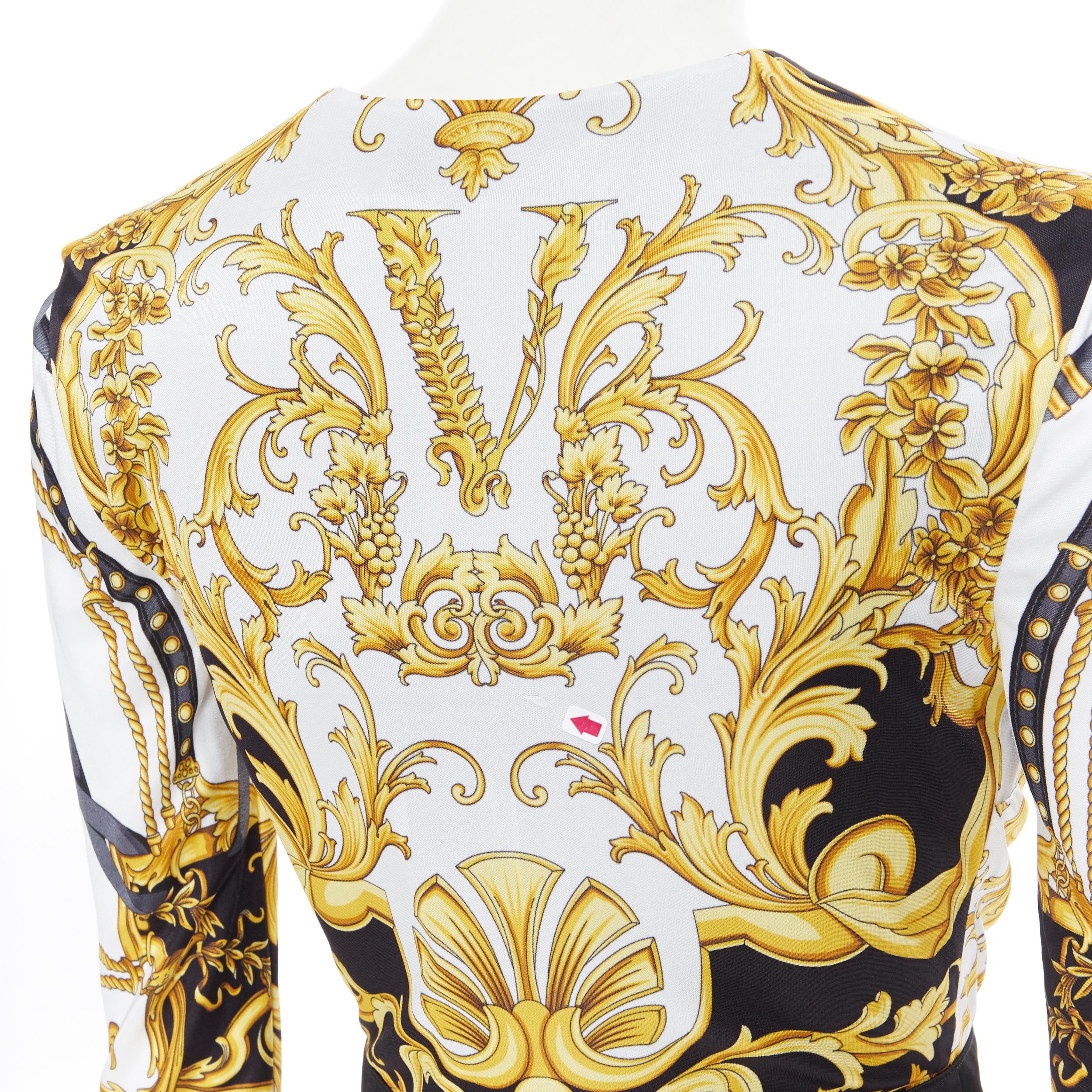 new VERSACE black gold baroque bondage strap virtus print wrap dress IT38 1