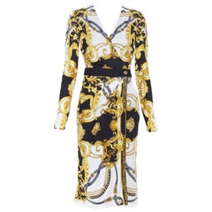 new VERSACE black gold baroque bondage strap virtus print wrap dress IT38