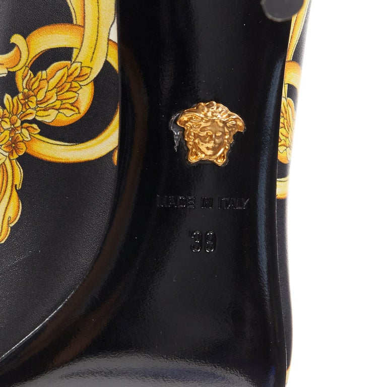 new VERSACE black gold baroque floral Medusa face pointy pigalle pump ...