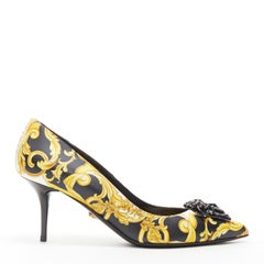 new VERSACE black gold baroque floral Medusa face pointy pigalle pump EU39
