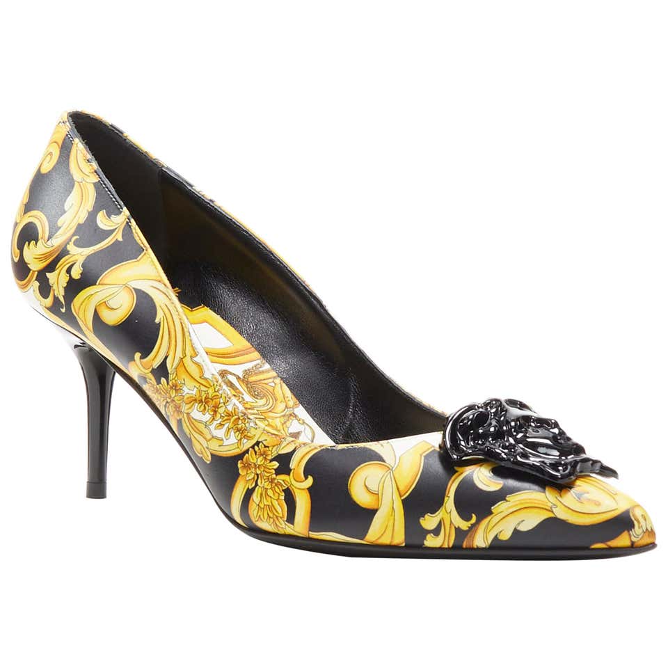 new VERSACE black gold baroque floral Medusa face pointy pigalle pump ...