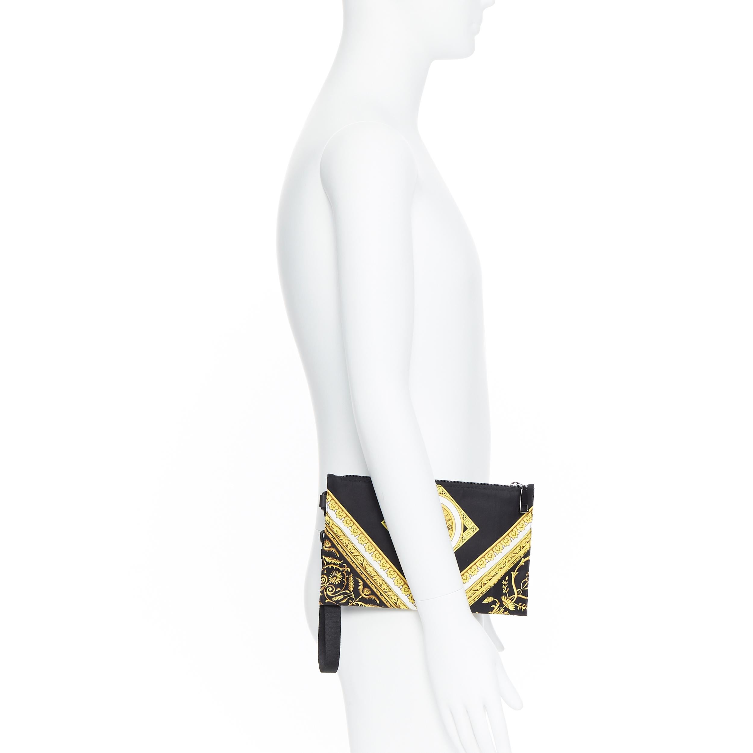 new VERSACE black gold baroque Medusa print cotton  top zip clutch pouch bag
Brand: Versace
Designer: Donatella Versace
Model Name / Style: Zip pouch
Material: Fabric
Color: Black and gold
Pattern: Floral; baroque
Closure: Zip
Extra Detail:
Made in:
