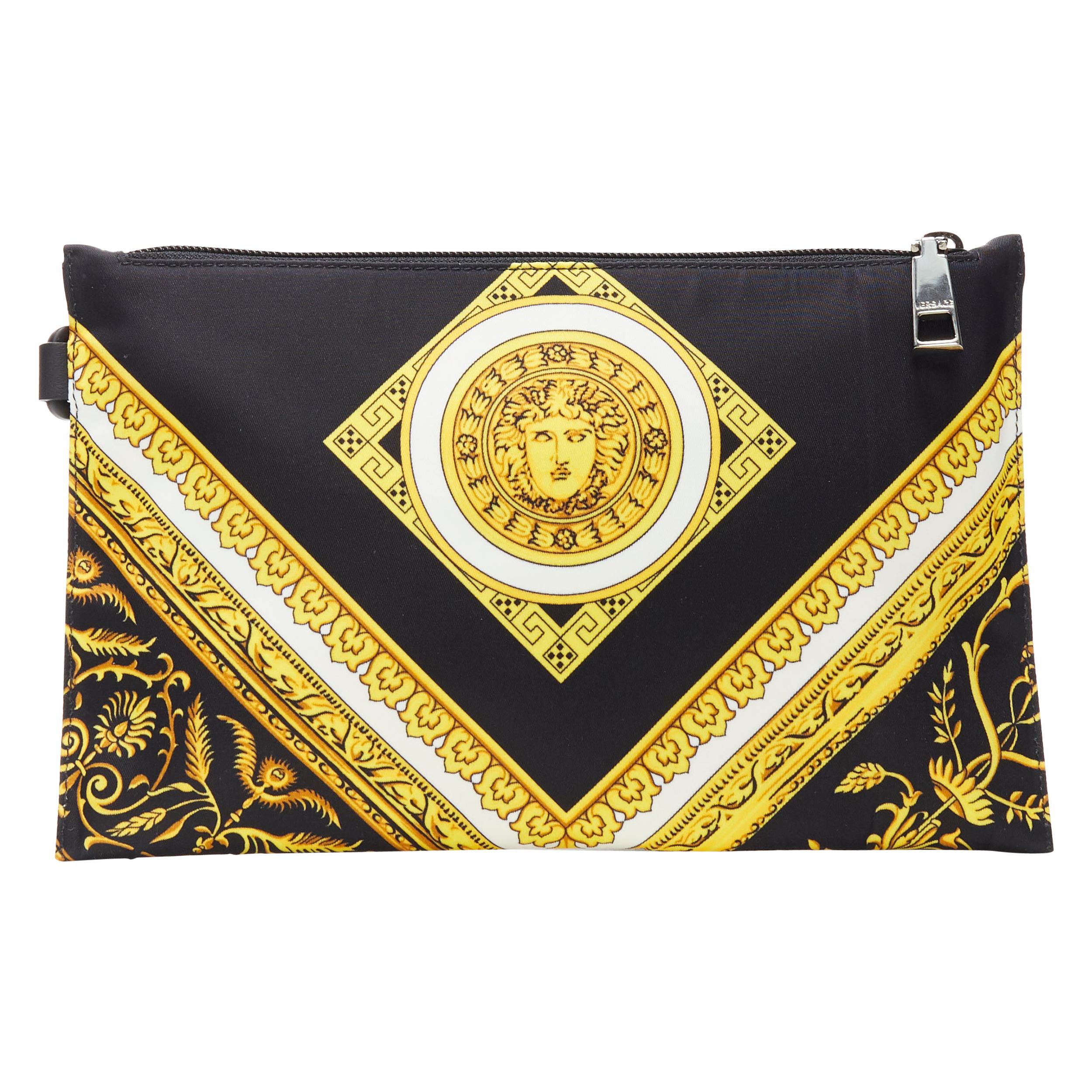new VERSACE black gold baroque Medusa print cotton  top zip clutch pouch bag