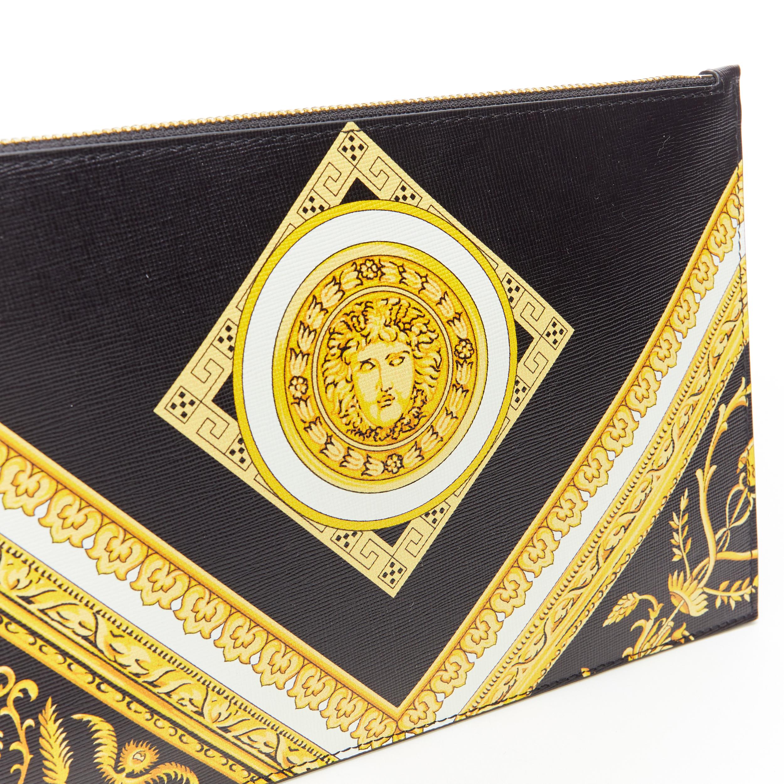 Women's new VERSACE black gold baroque Medusa print saffiano calf leather zip clutch bag