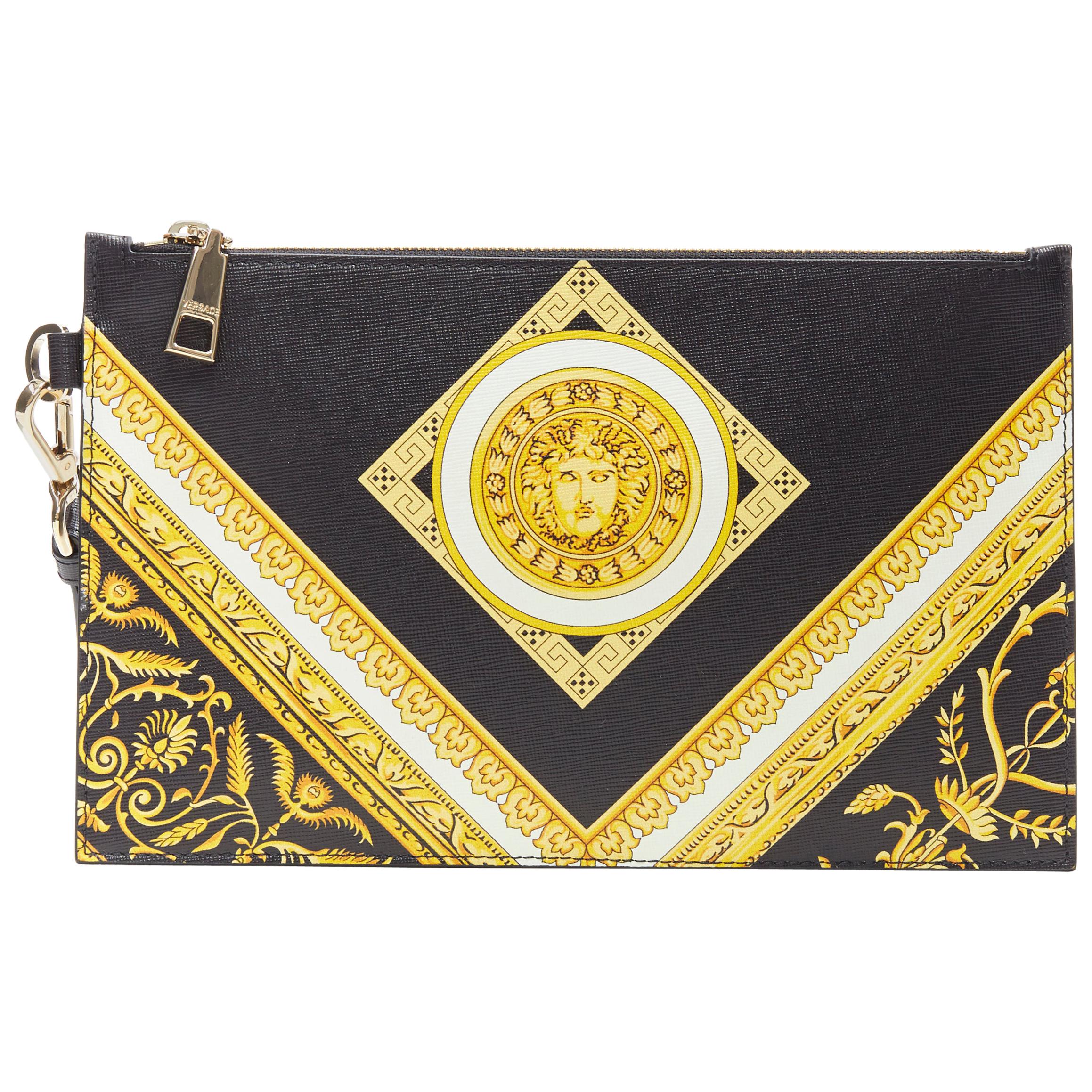new VERSACE black gold baroque Medusa print saffiano calf leather zip clutch bag