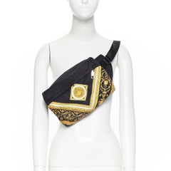new VERSACE black gold baroque Medusa printed nylon zip front waist fanny bag