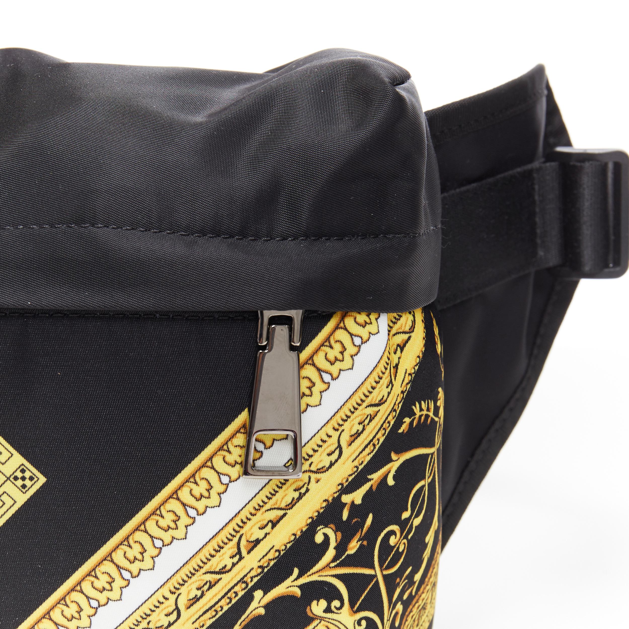 new VERSACE black gold baroque Medusa printed nylon zip front waist fanny bag In New Condition In Hong Kong, NT