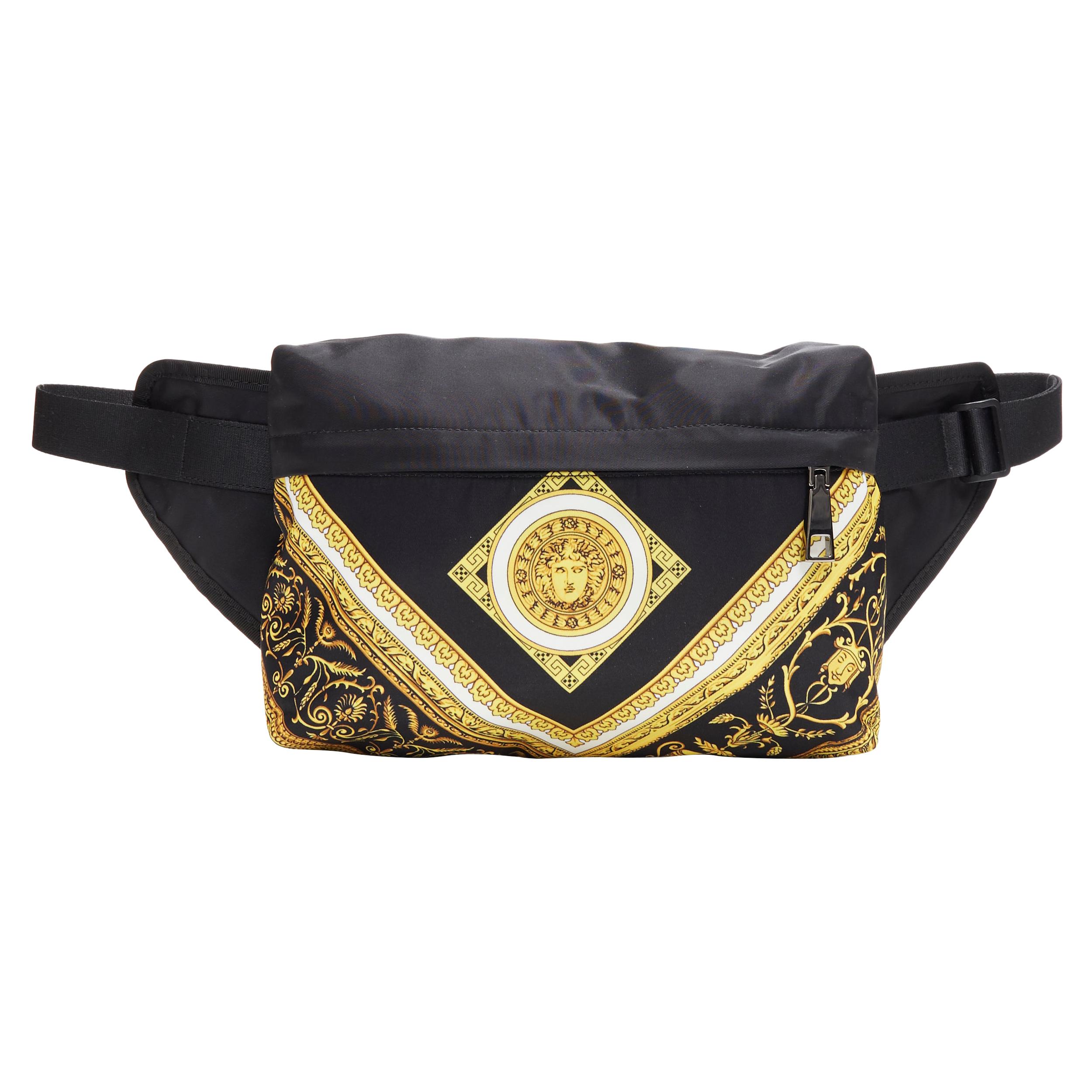 new VERSACE black gold baroque Medusa printed nylon zip front waist fanny bag
