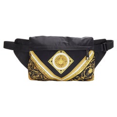 new VERSACE black gold baroque Medusa printed nylon zip front waist fanny bag