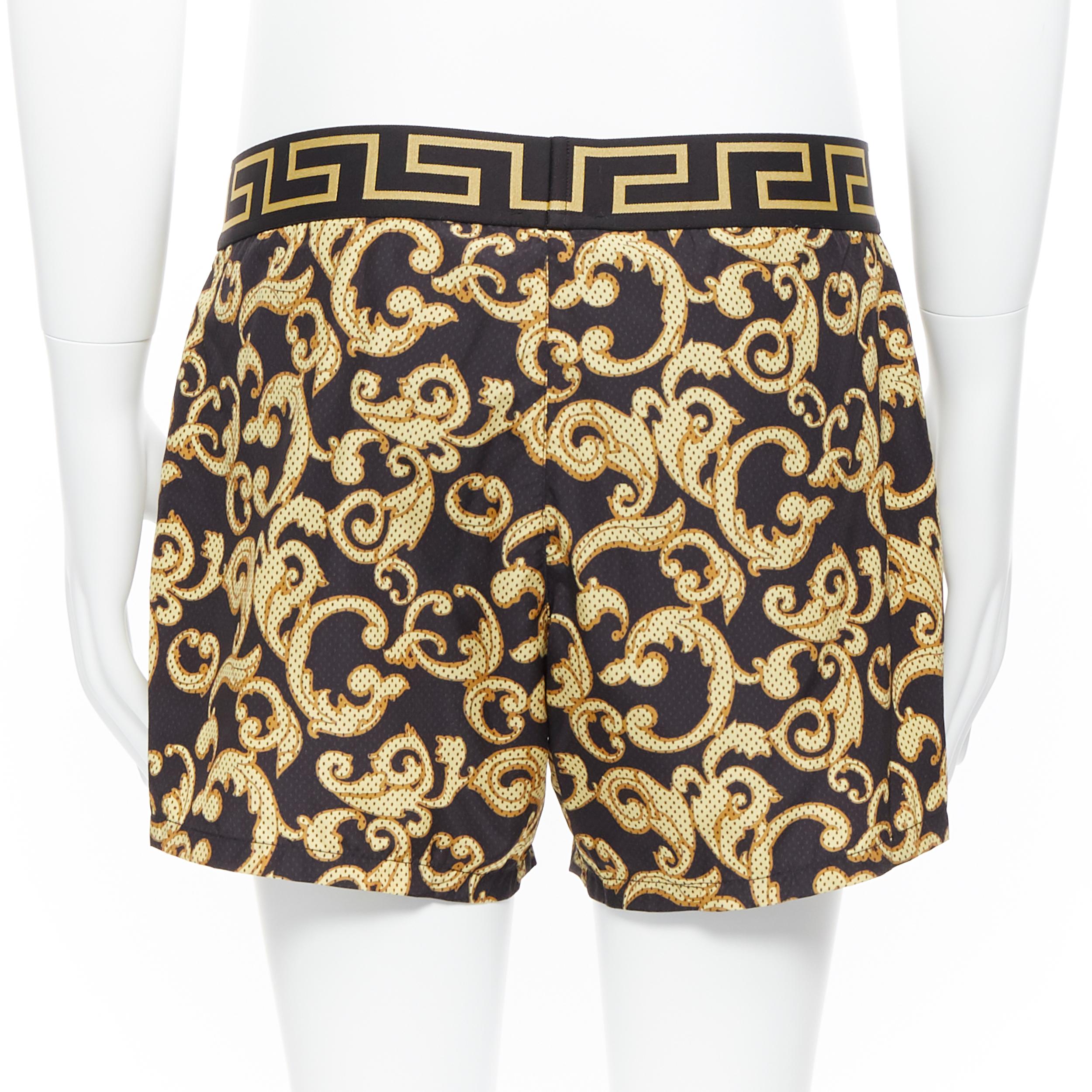 Beige new VERSACE black gold baroque  print Greca Medusa waist band swim shorts Sz.5 L