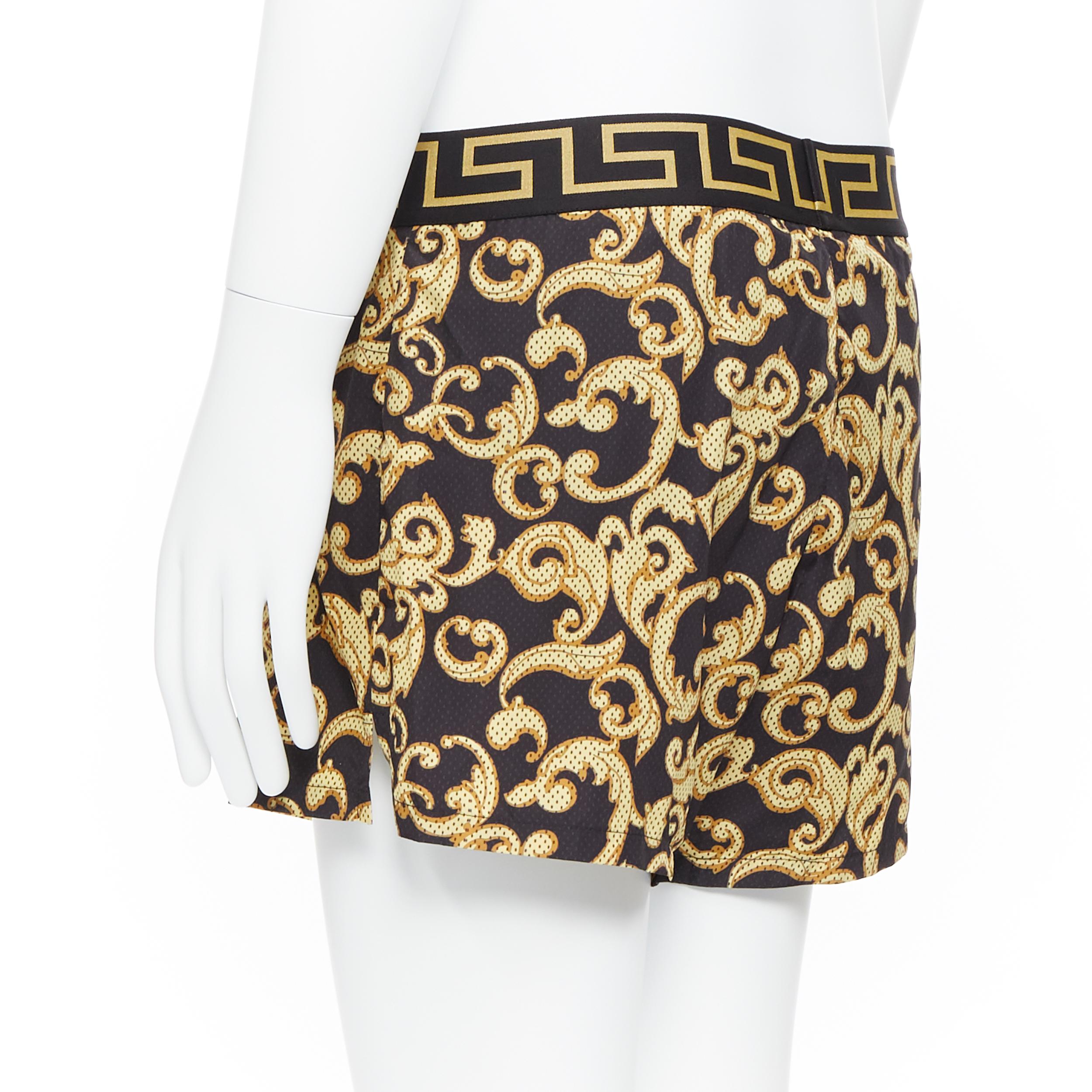 new VERSACE black gold baroque  print Greca Medusa waist band swim shorts Sz.5 L In New Condition In Hong Kong, NT