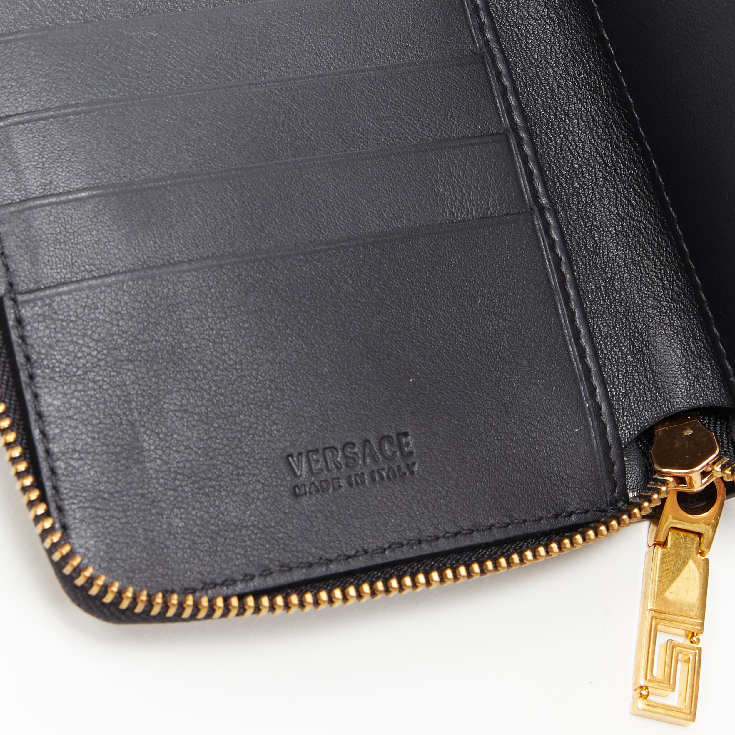 Orange new VERSACE Black Gold Baroque print leather gold Medusa face zip around wallet