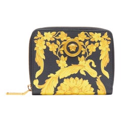 new VERSACE Black Gold Baroque print leather gold Medusa face zip around wallet