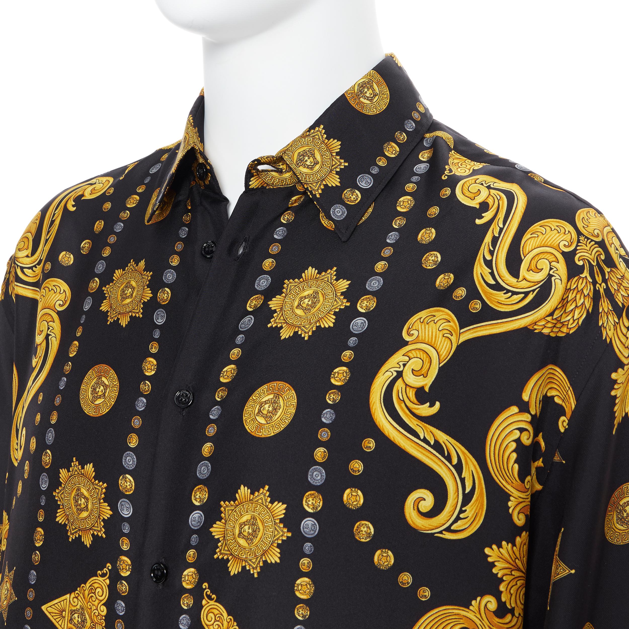 Men's new VERSACE black gold Medusa coin western star baroque print silk shirt EU41 L