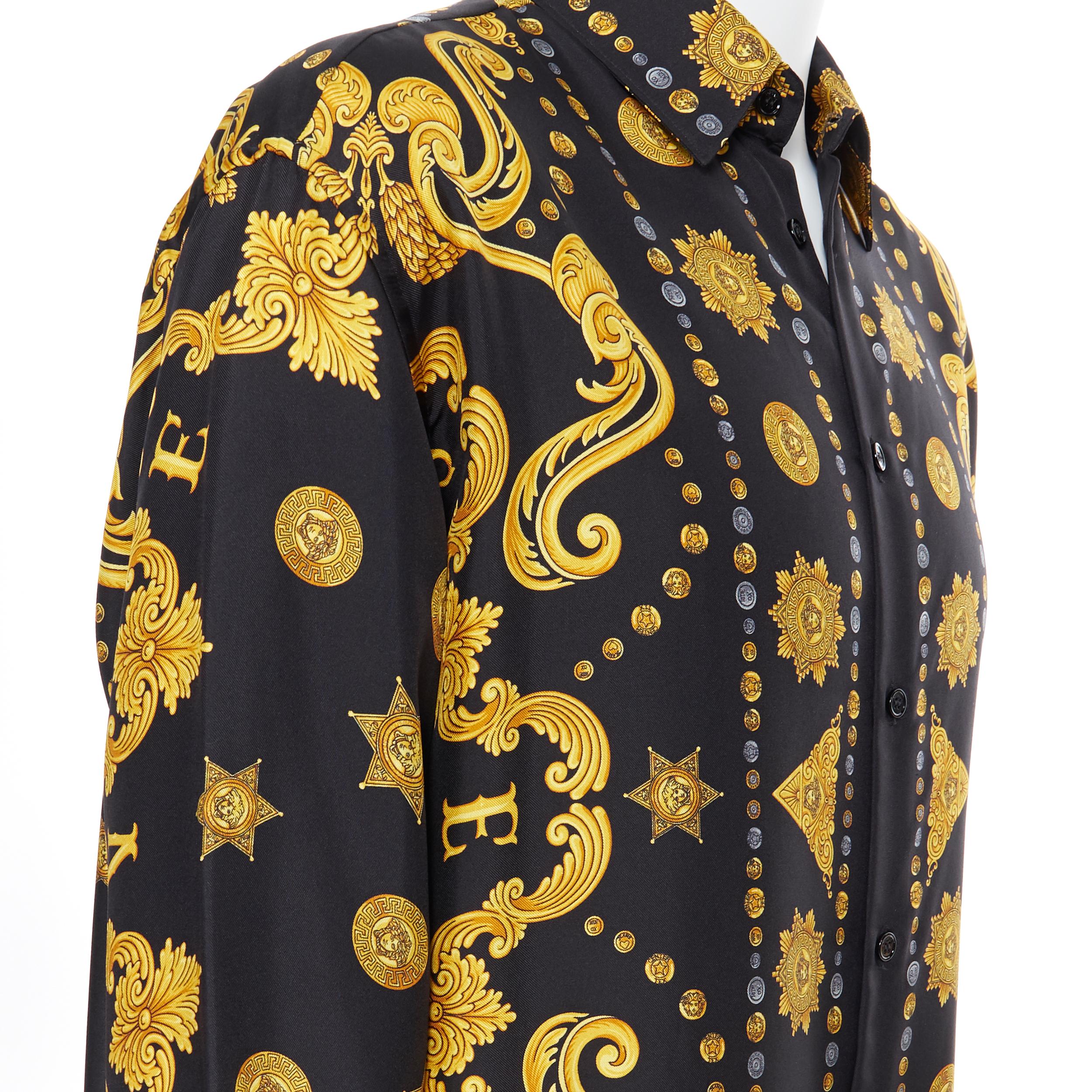 new VERSACE black gold Medusa coin western star baroque print silk shirt EU41 L 1