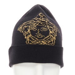 new VERSACE black gold Medusa logo wool blend beanie hat