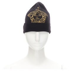 new VERSACE black gold Medusa logo wool blend beanie hat