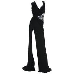 Neu Versace Schwarzes Kleid mit hohem Schlitz aus Jersey und Leder mit Perlen verziert, 40 US 6