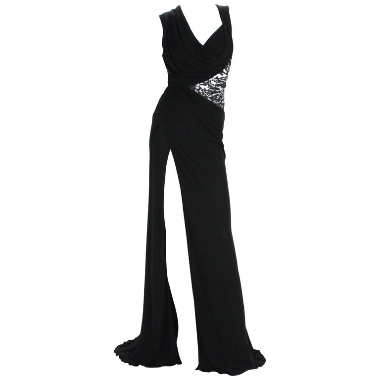 New Versace Black Jersey Leather Beads Embellished High Slit Dress Gown 40 US 6 For Sale