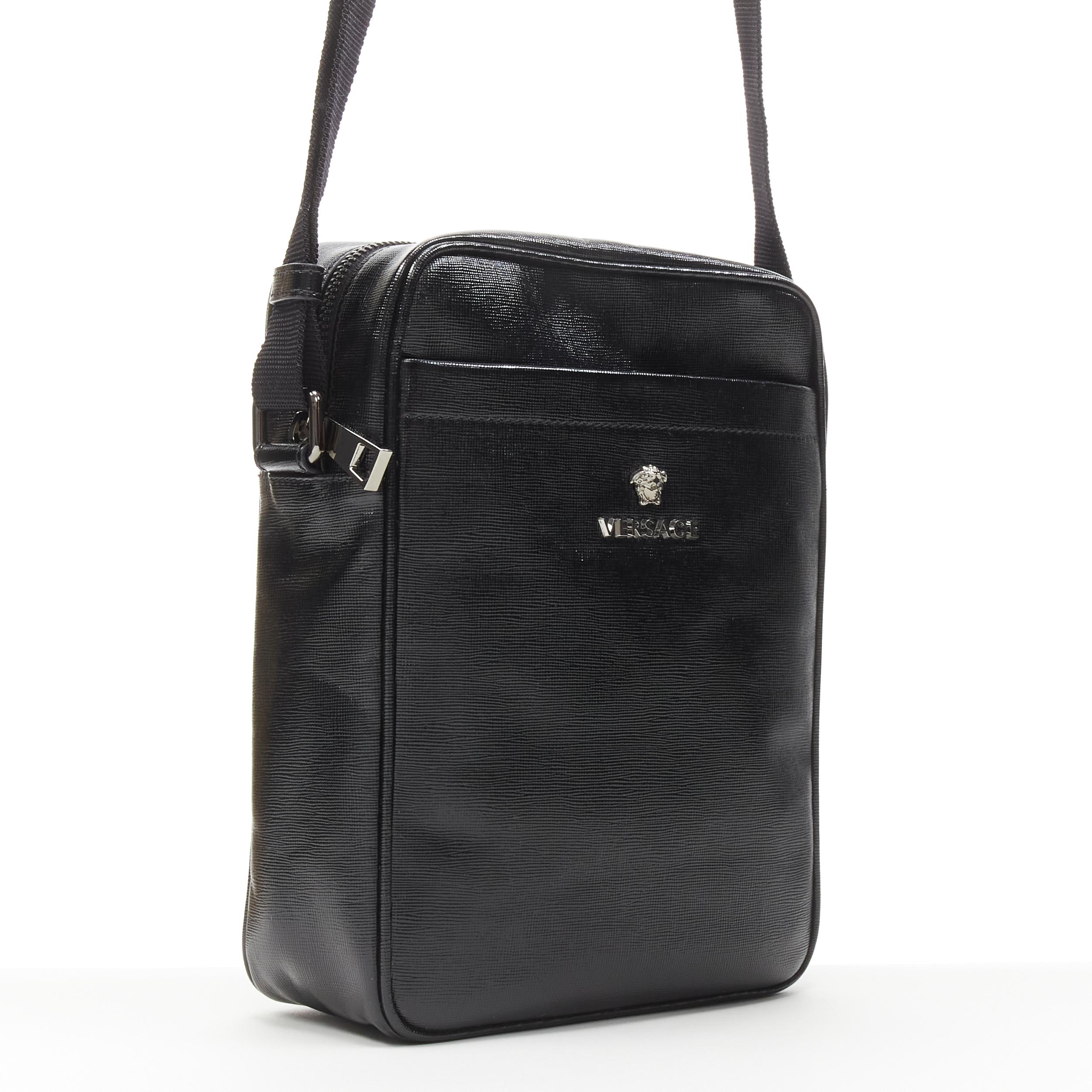 Black new VERSACE black lacquered saffiano leather silver Medusa messenger bag