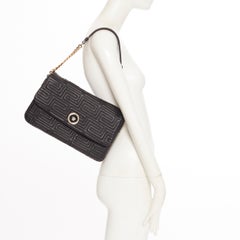 new VERSACE black lamb leather Greca stitched Medusa flap large shoulder bag