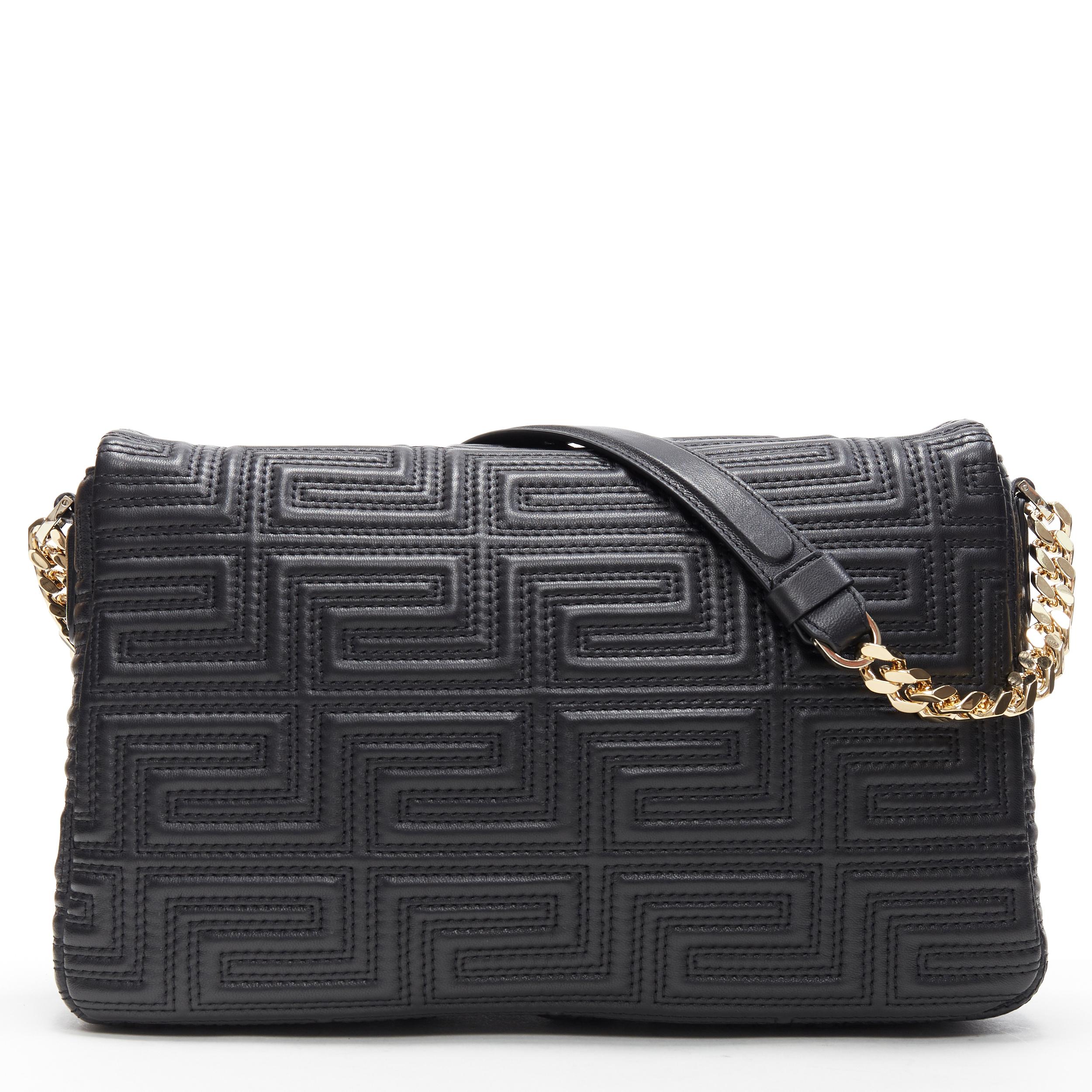 nuova VERSACE borsa a spalla grande in pelle di agnello nera Greca cucita Medusa con patta 1