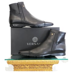 NEW VERSACE BLACK LEATHER BOOTS with SIDE ZIPPER 44 - 11