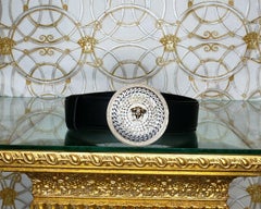 New VERSACE BLACK LEATHER CRYSTALS EMBELLISHED MEDUSA BELT 70/28