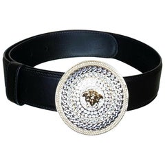 New VERSACE BLACK LEATHER CRYSTALS EMBELLISHED MEDUSA BELT 70/28