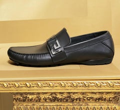 NEW VERSACE BLACK LEATHER DRIVER LOAFER SHOES with SILVER GREEK BUCKLE 40 - 7
